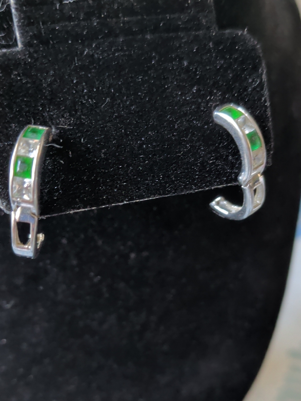 Sterling Silver Hoop Earrings with Green Inlay